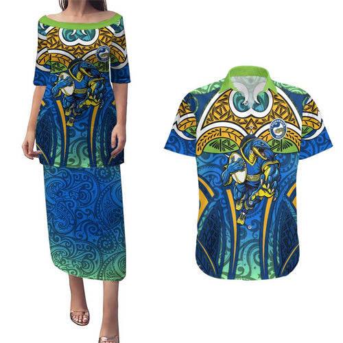 Parramatta Eels Rugby Couples Matching Puletasi and Hawaiian Shirt Polynesian Tribal Eel Warrior Blue Gold Pattern