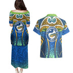 Parramatta Eels Rugby Couples Matching Puletasi and Hawaiian Shirt Polynesian Tribal Eel Warrior Blue Gold Pattern