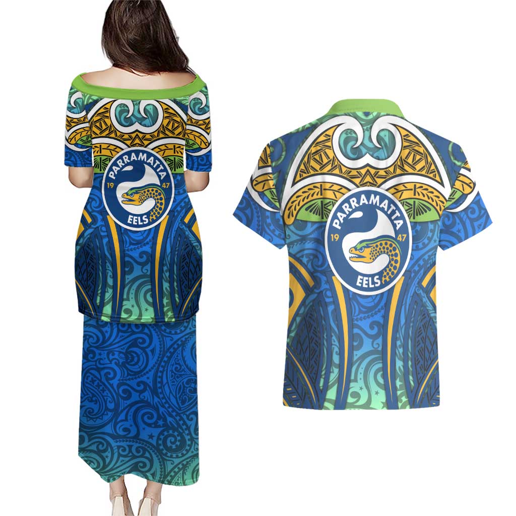 Parramatta Eels Rugby Couples Matching Puletasi and Hawaiian Shirt Polynesian Tribal Eel Warrior Blue Gold Pattern