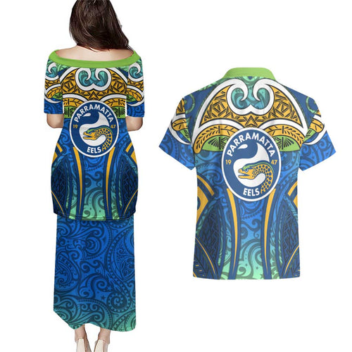 Parramatta Eels Rugby Couples Matching Puletasi and Hawaiian Shirt Polynesian Tribal Eel Warrior Blue Gold Pattern