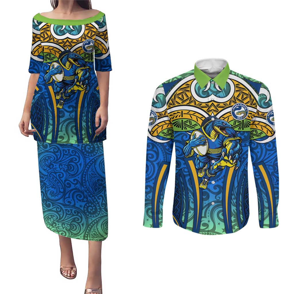 Parramatta Eels Rugby Couples Matching Puletasi and Long Sleeve Button Shirt Polynesian Tribal Eel Warrior Blue Gold Pattern
