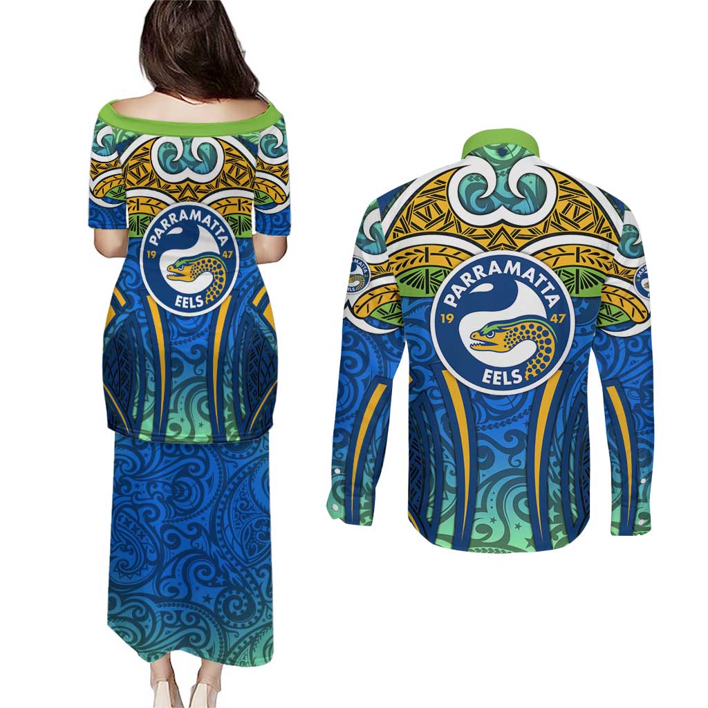 Parramatta Eels Rugby Couples Matching Puletasi and Long Sleeve Button Shirt Polynesian Tribal Eel Warrior Blue Gold Pattern