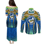 Parramatta Eels Rugby Couples Matching Puletasi and Long Sleeve Button Shirt Polynesian Tribal Eel Warrior Blue Gold Pattern