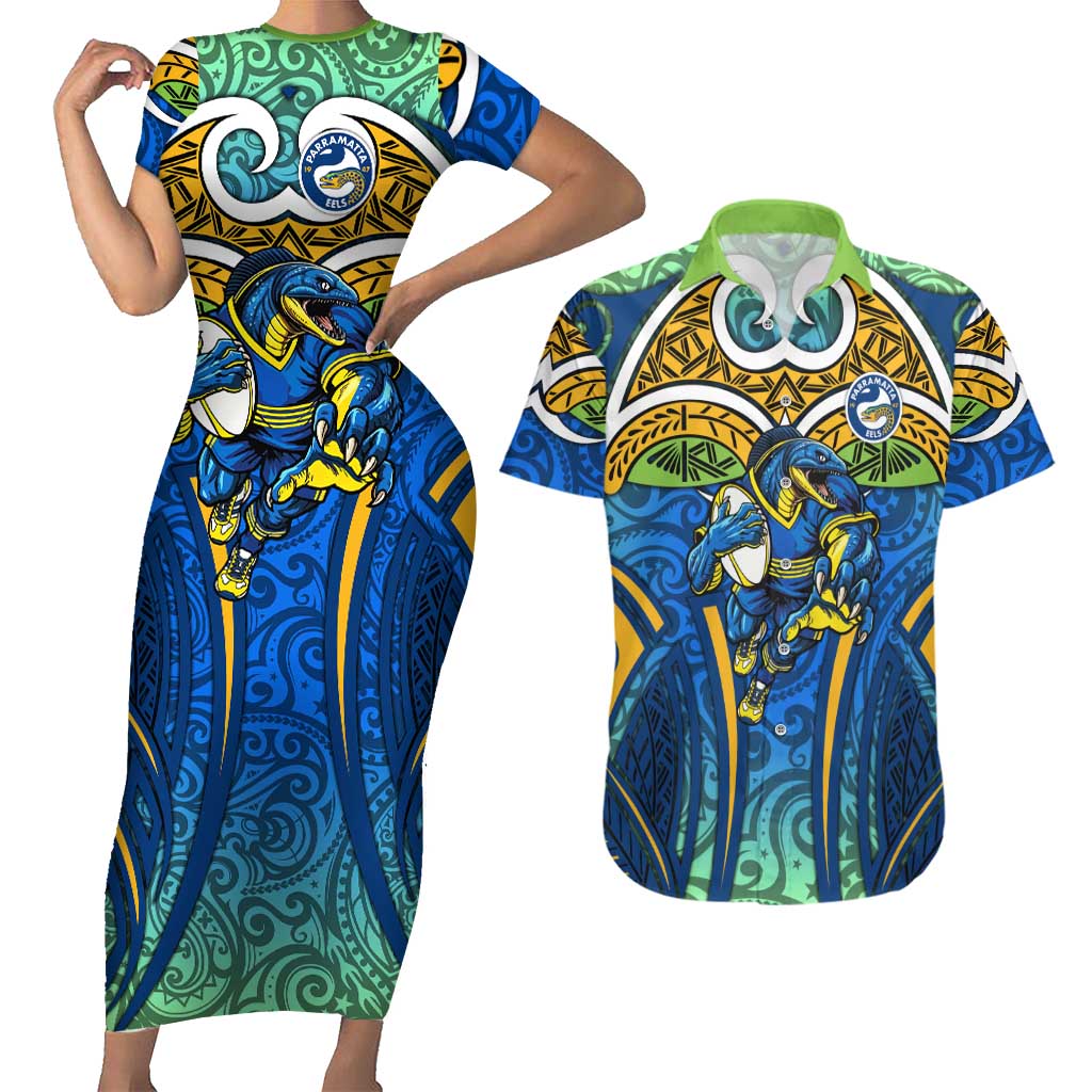 Parramatta Eels Rugby Couples Matching Short Sleeve Bodycon Dress and Hawaiian Shirt Polynesian Tribal Eel Warrior Blue Gold Pattern