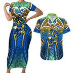 Parramatta Eels Rugby Couples Matching Short Sleeve Bodycon Dress and Hawaiian Shirt Polynesian Tribal Eel Warrior Blue Gold Pattern