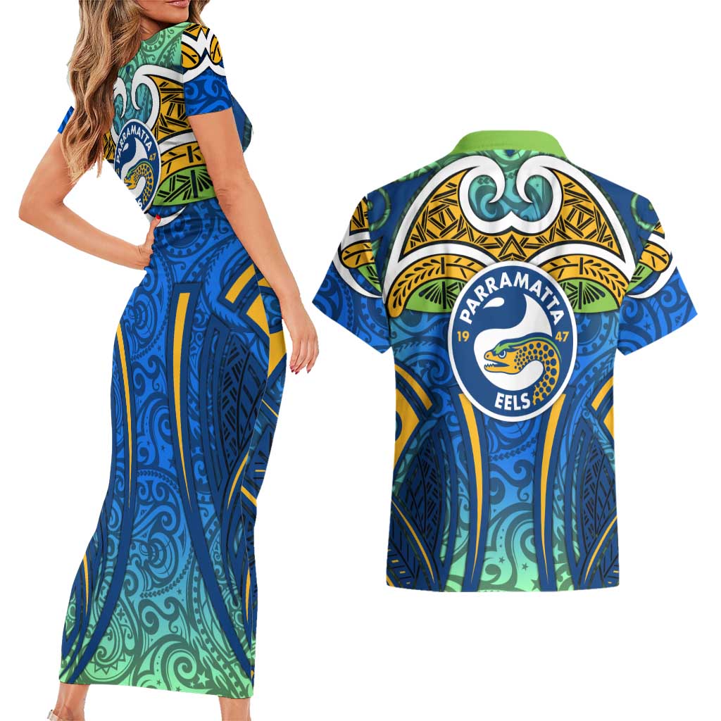 Parramatta Eels Rugby Couples Matching Short Sleeve Bodycon Dress and Hawaiian Shirt Polynesian Tribal Eel Warrior Blue Gold Pattern