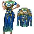 Parramatta Eels Rugby Couples Matching Short Sleeve Bodycon Dress and Long Sleeve Button Shirt Polynesian Tribal Eel Warrior Blue Gold Pattern