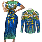 Parramatta Eels Rugby Couples Matching Short Sleeve Bodycon Dress and Long Sleeve Button Shirt Polynesian Tribal Eel Warrior Blue Gold Pattern