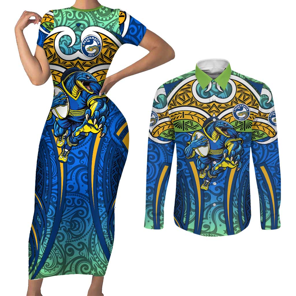 Parramatta Eels Rugby Couples Matching Short Sleeve Bodycon Dress and Long Sleeve Button Shirt Polynesian Tribal Eel Warrior Blue Gold Pattern
