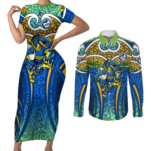 Parramatta Eels Rugby Couples Matching Short Sleeve Bodycon Dress and Long Sleeve Button Shirt Polynesian Tribal Eel Warrior Blue Gold Pattern