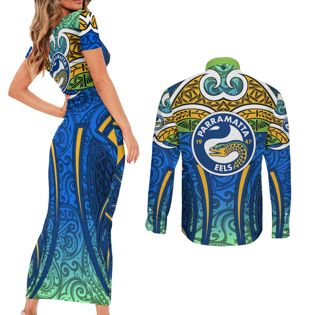 Parramatta Eels Rugby Couples Matching Short Sleeve Bodycon Dress and Long Sleeve Button Shirt Polynesian Tribal Eel Warrior Blue Gold Pattern