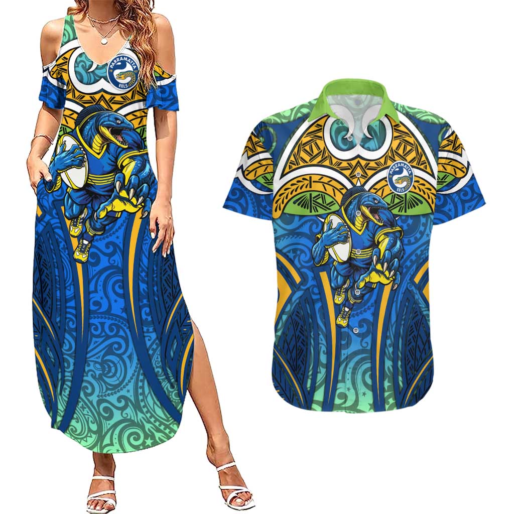 Parramatta Eels Rugby Couples Matching Summer Maxi Dress and Hawaiian Shirt Polynesian Tribal Eel Warrior Blue Gold Pattern