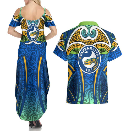 Parramatta Eels Rugby Couples Matching Summer Maxi Dress and Hawaiian Shirt Polynesian Tribal Eel Warrior Blue Gold Pattern