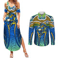Parramatta Eels Rugby Couples Matching Summer Maxi Dress and Long Sleeve Button Shirt Polynesian Tribal Eel Warrior Blue Gold Pattern