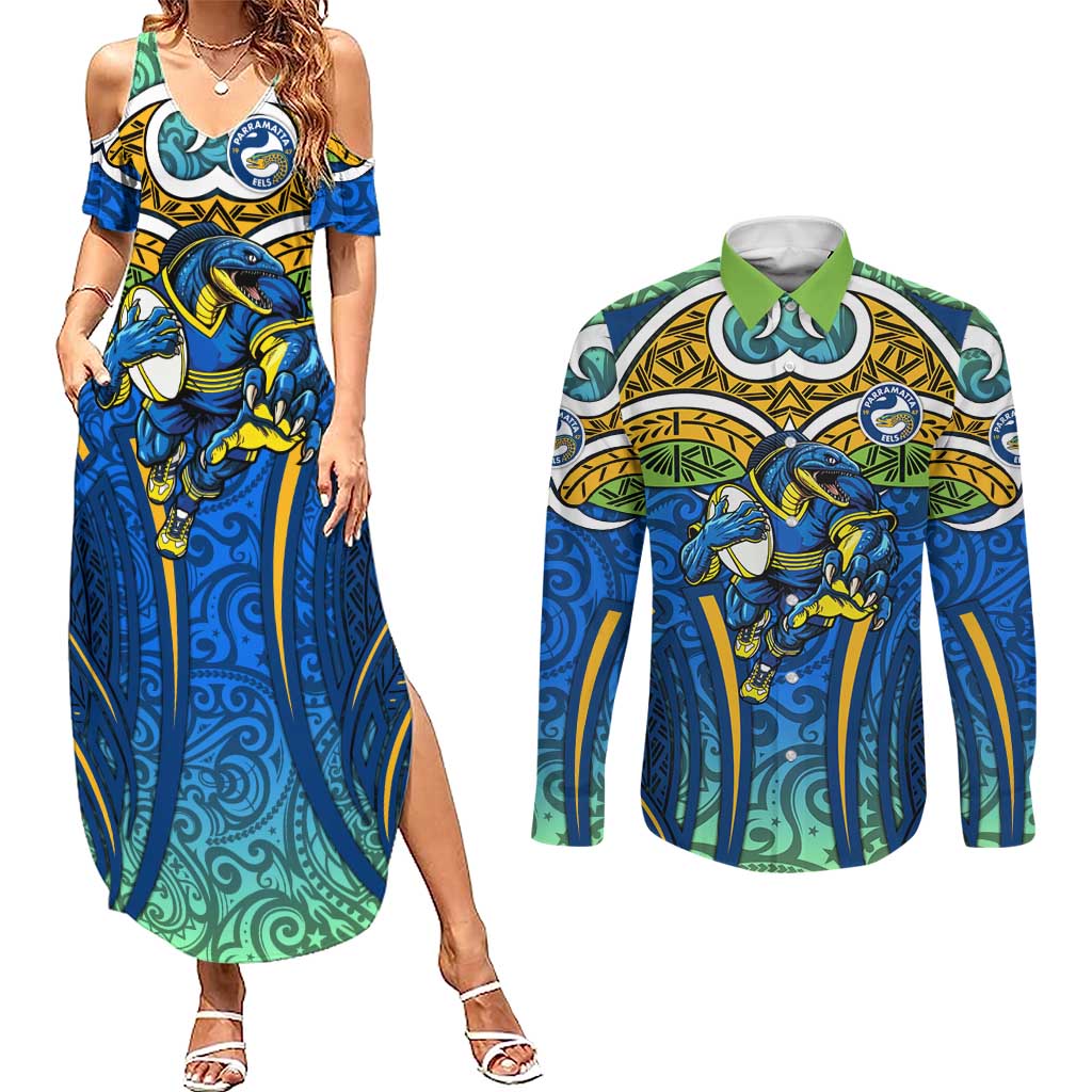 Parramatta Eels Rugby Couples Matching Summer Maxi Dress and Long Sleeve Button Shirt Polynesian Tribal Eel Warrior Blue Gold Pattern