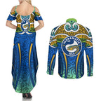 Parramatta Eels Rugby Couples Matching Summer Maxi Dress and Long Sleeve Button Shirt Polynesian Tribal Eel Warrior Blue Gold Pattern