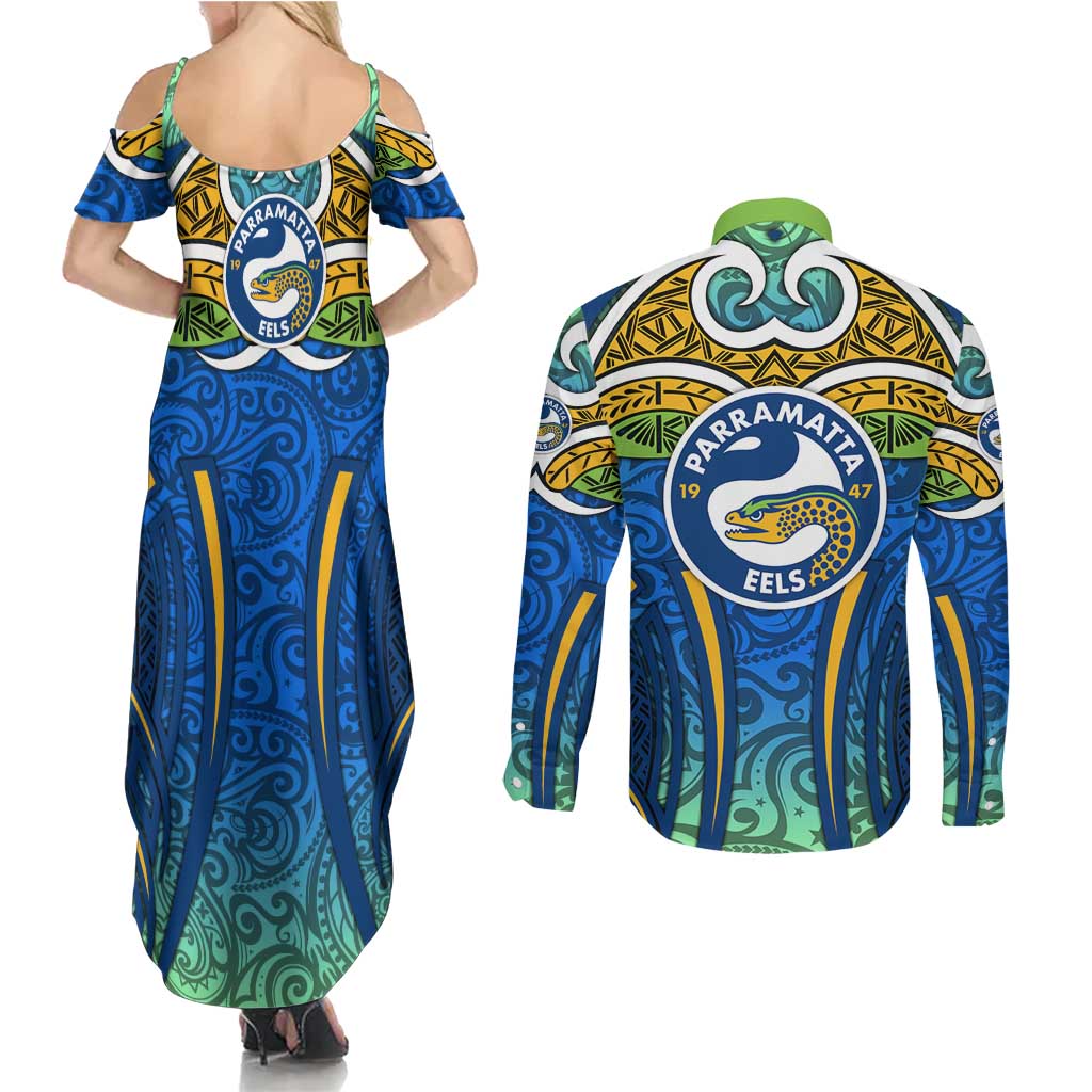 Parramatta Eels Rugby Couples Matching Summer Maxi Dress and Long Sleeve Button Shirt Polynesian Tribal Eel Warrior Blue Gold Pattern