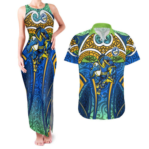 Parramatta Eels Rugby Couples Matching Tank Maxi Dress and Hawaiian Shirt Polynesian Tribal Eel Warrior Blue Gold Pattern
