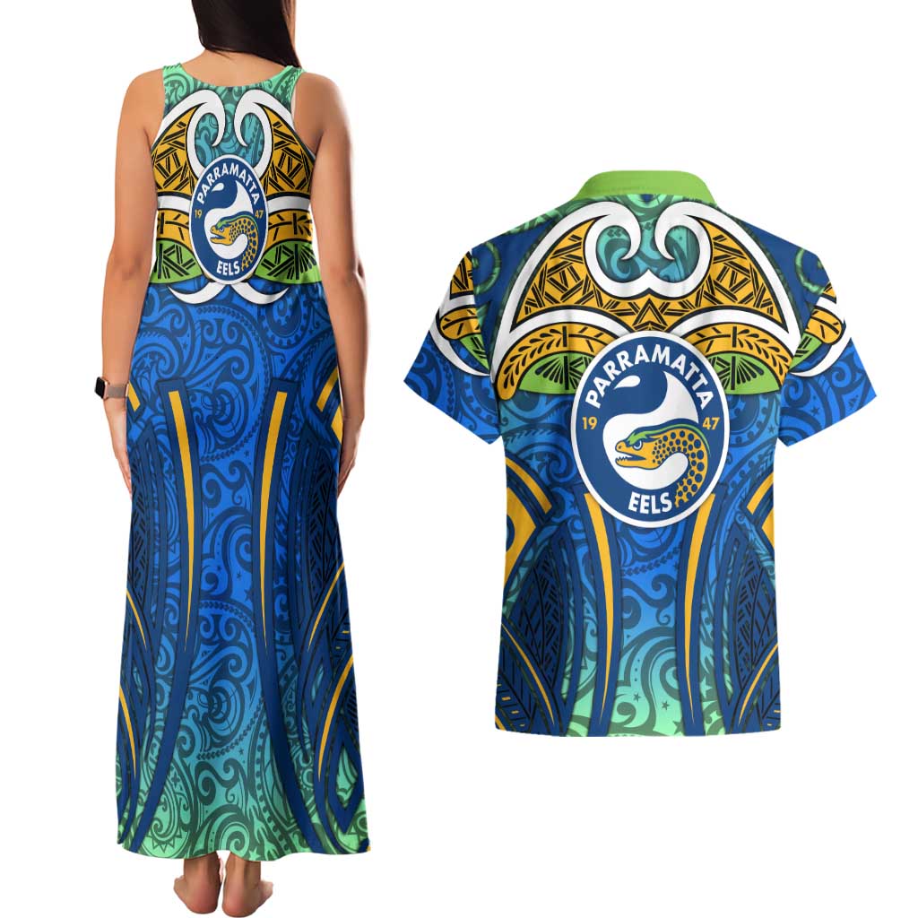 Parramatta Eels Rugby Couples Matching Tank Maxi Dress and Hawaiian Shirt Polynesian Tribal Eel Warrior Blue Gold Pattern