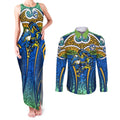 Parramatta Eels Rugby Couples Matching Tank Maxi Dress and Long Sleeve Button Shirt Polynesian Tribal Eel Warrior Blue Gold Pattern