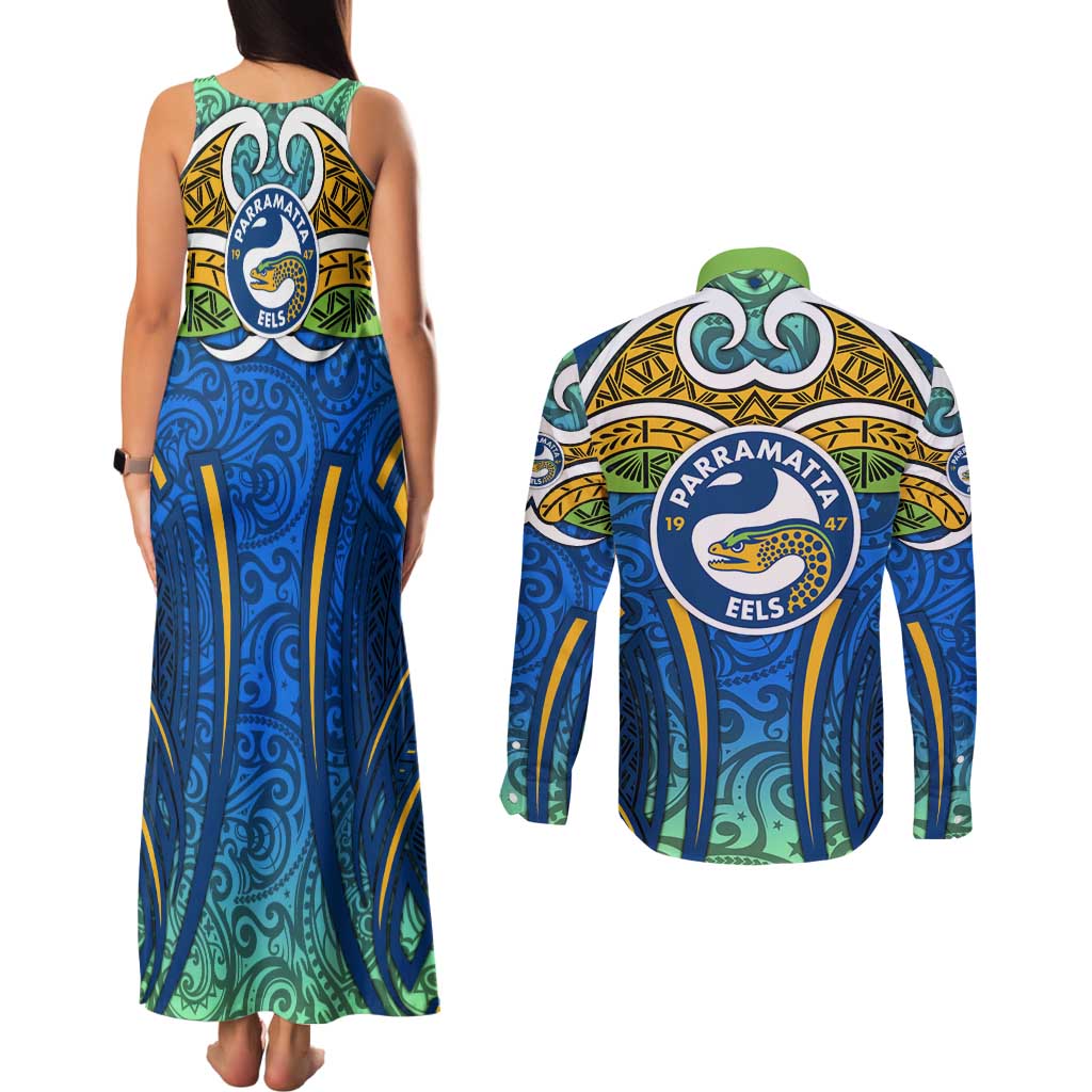 Parramatta Eels Rugby Couples Matching Tank Maxi Dress and Long Sleeve Button Shirt Polynesian Tribal Eel Warrior Blue Gold Pattern