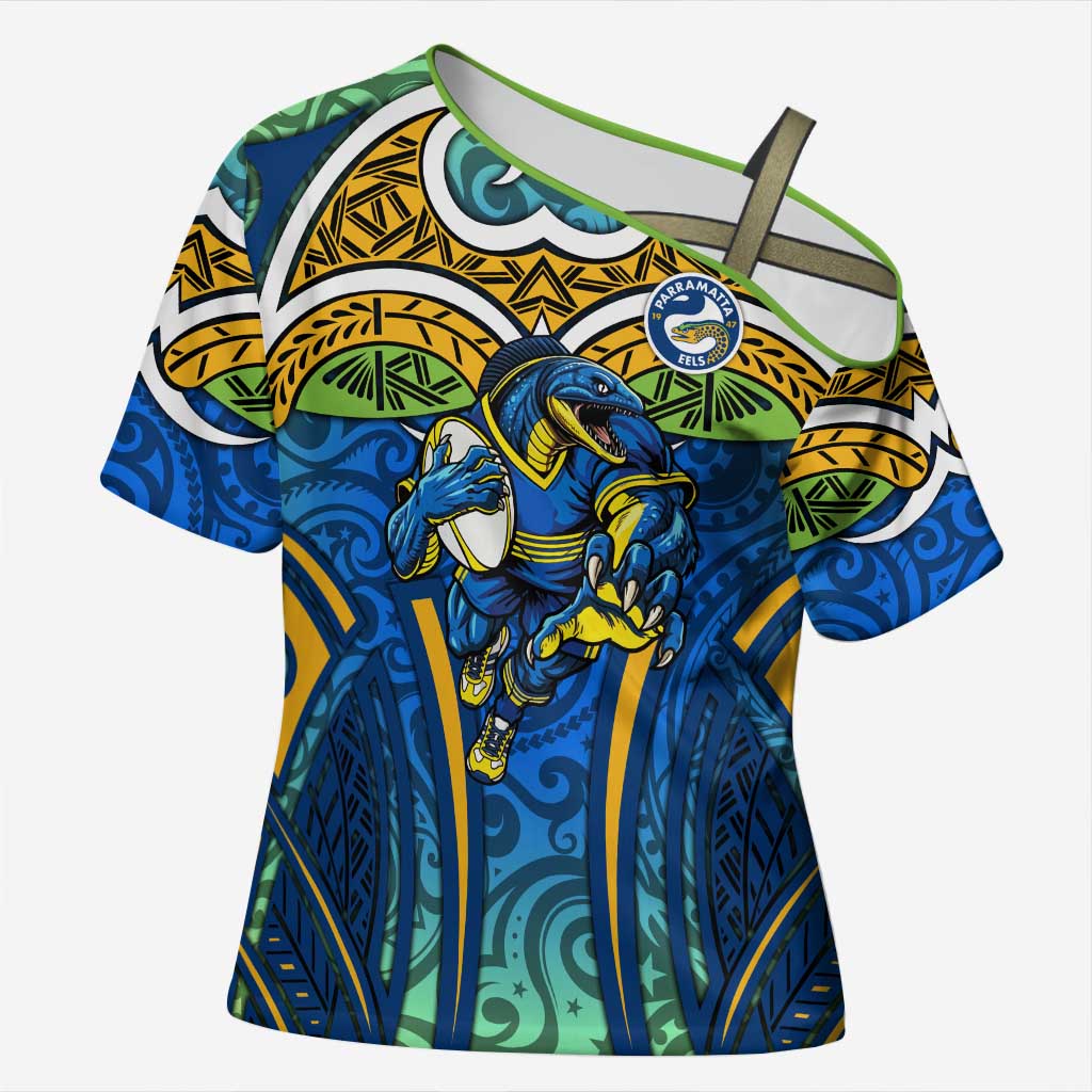 Parramatta Eels Rugby Cross Shoulder Shirt Polynesian Tribal Eel Warrior Blue Gold Pattern