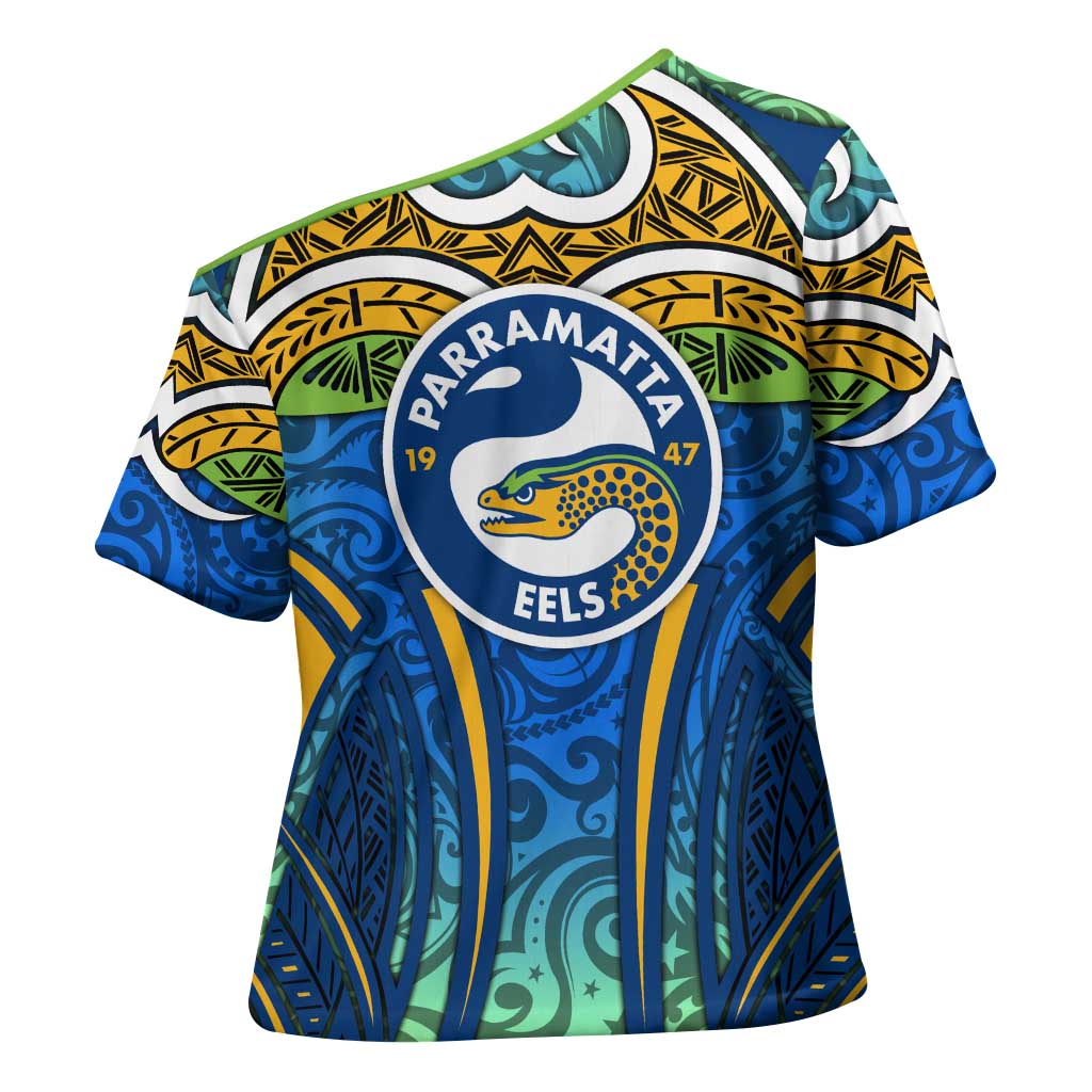 Parramatta Eels Rugby Cross Shoulder Shirt Polynesian Tribal Eel Warrior Blue Gold Pattern