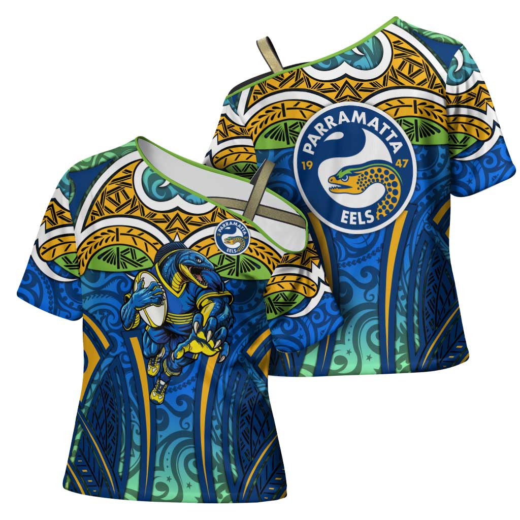 Parramatta Eels Rugby Cross Shoulder Shirt Polynesian Tribal Eel Warrior Blue Gold Pattern