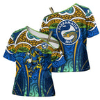 Parramatta Eels Rugby Cross Shoulder Shirt Polynesian Tribal Eel Warrior Blue Gold Pattern