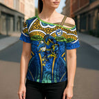 Parramatta Eels Rugby Cross Shoulder Shirt Polynesian Tribal Eel Warrior Blue Gold Pattern