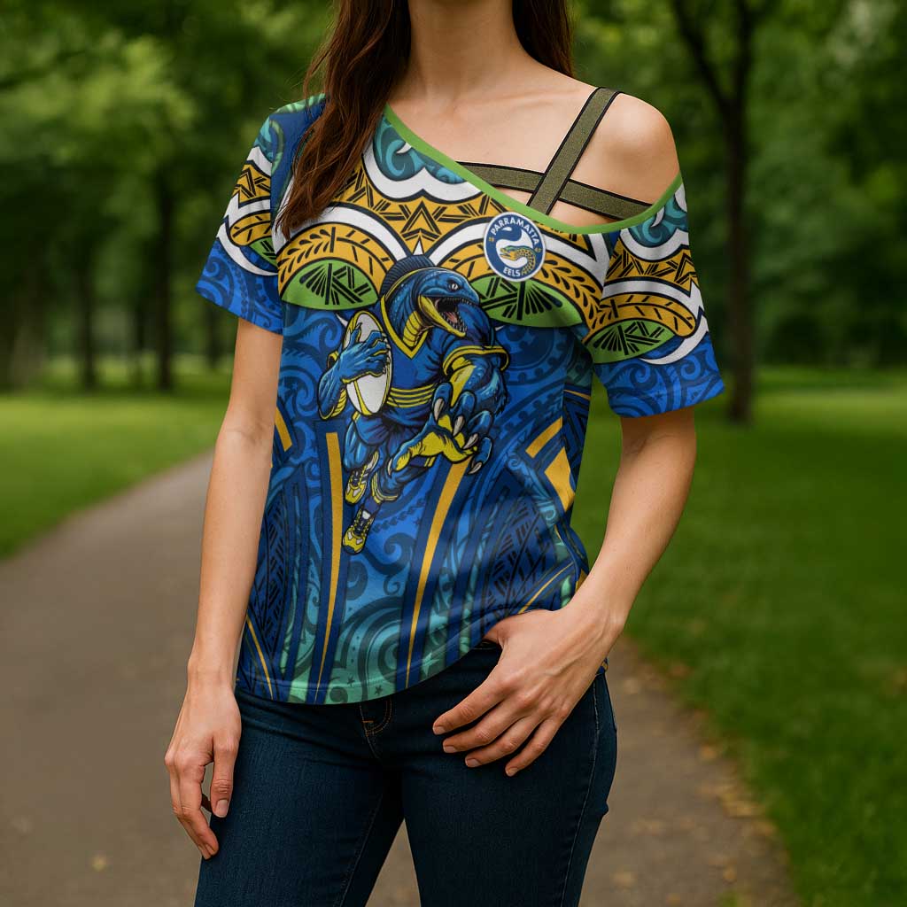 Parramatta Eels Rugby Cross Shoulder Shirt Polynesian Tribal Eel Warrior Blue Gold Pattern