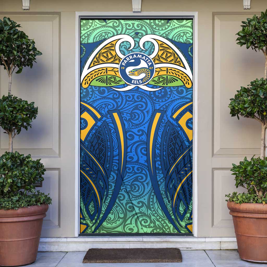 Parramatta Eels Rugby Door Cover Polynesian Tribal Eel Warrior Blue Gold Pattern