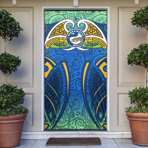 Parramatta Eels Rugby Door Cover Polynesian Tribal Eel Warrior Blue Gold Pattern