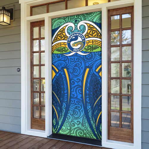 Parramatta Eels Rugby Door Cover Polynesian Tribal Eel Warrior Blue Gold Pattern