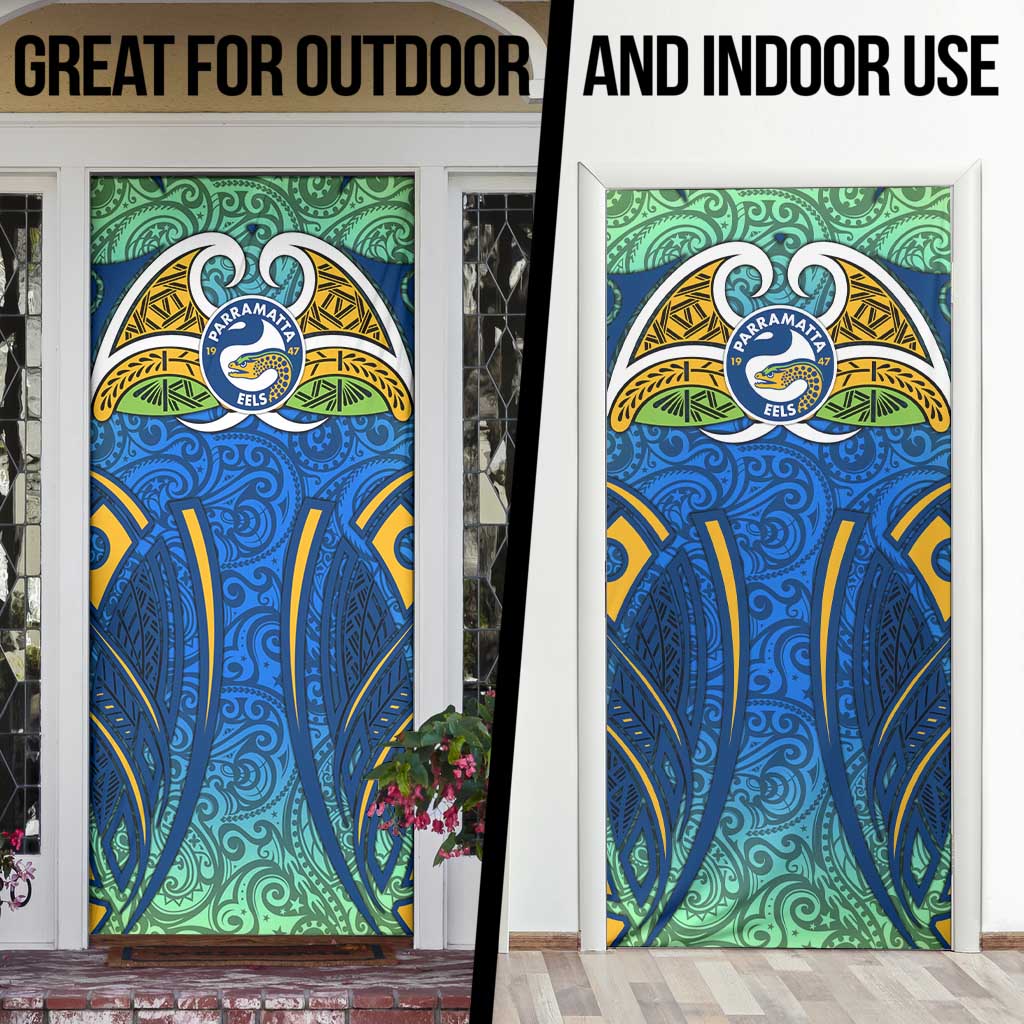 Parramatta Eels Rugby Door Cover Polynesian Tribal Eel Warrior Blue Gold Pattern