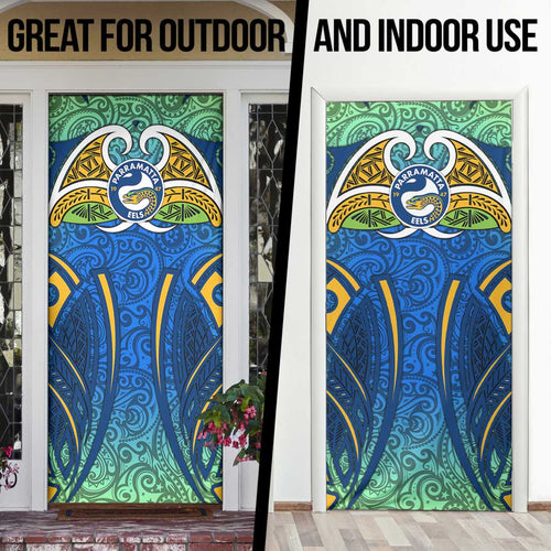 Parramatta Eels Rugby Door Cover Polynesian Tribal Eel Warrior Blue Gold Pattern