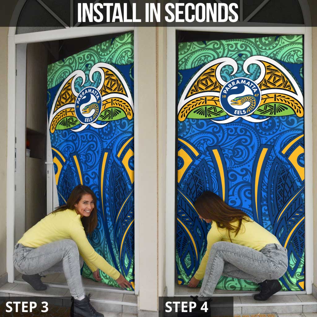 Parramatta Eels Rugby Door Cover Polynesian Tribal Eel Warrior Blue Gold Pattern