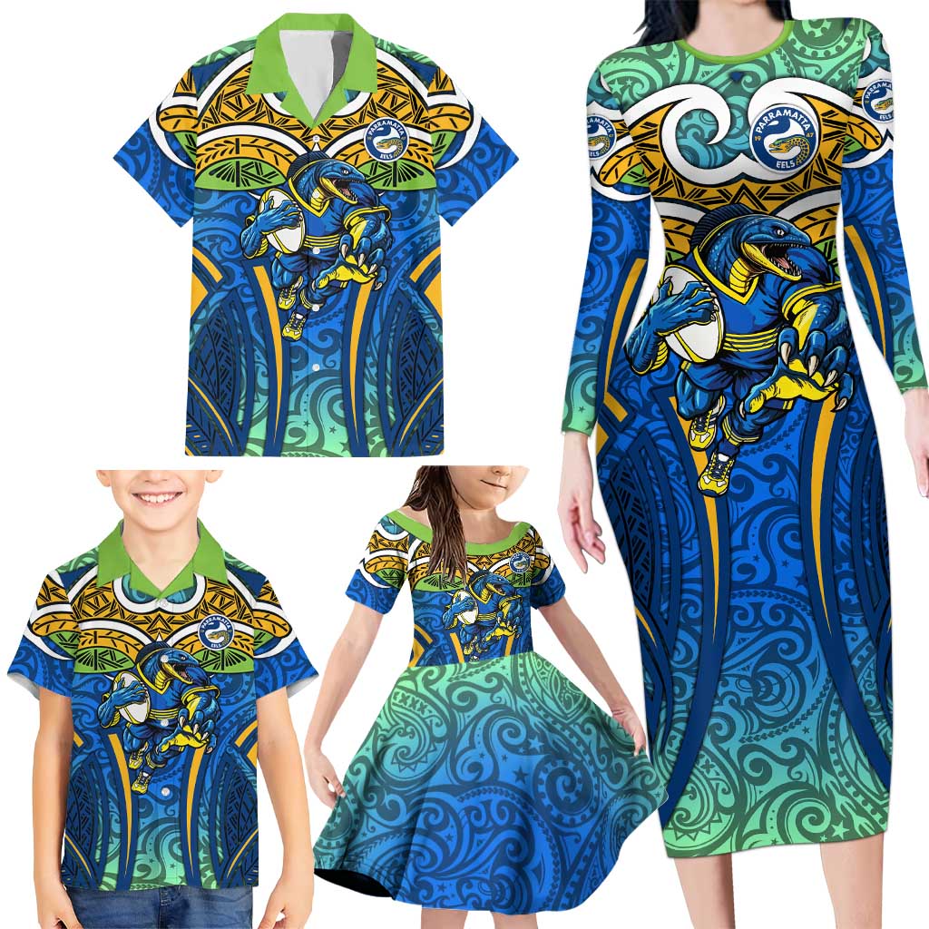 Parramatta Eels Rugby Family Matching Long Sleeve Bodycon Dress and Hawaiian Shirt Polynesian Tribal Eel Warrior Blue Gold Pattern