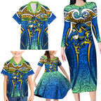 Parramatta Eels Rugby Family Matching Long Sleeve Bodycon Dress and Hawaiian Shirt Polynesian Tribal Eel Warrior Blue Gold Pattern