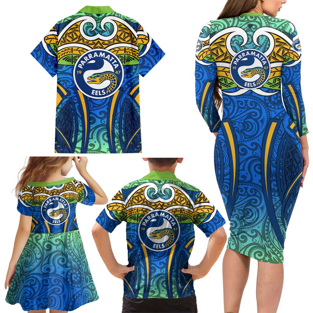 Parramatta Eels Rugby Family Matching Long Sleeve Bodycon Dress and Hawaiian Shirt Polynesian Tribal Eel Warrior Blue Gold Pattern
