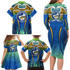 Parramatta Eels Rugby Family Matching Long Sleeve Bodycon Dress and Hawaiian Shirt Polynesian Tribal Eel Warrior Blue Gold Pattern