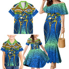 Parramatta Eels Rugby Family Matching Mermaid Dress and Hawaiian Shirt Polynesian Tribal Eel Warrior Blue Gold Pattern