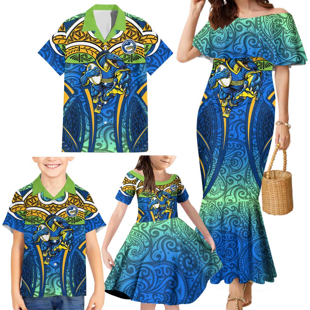 Parramatta Eels Rugby Family Matching Mermaid Dress and Hawaiian Shirt Polynesian Tribal Eel Warrior Blue Gold Pattern
