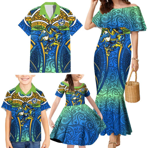 Parramatta Eels Rugby Family Matching Mermaid Dress and Hawaiian Shirt Polynesian Tribal Eel Warrior Blue Gold Pattern