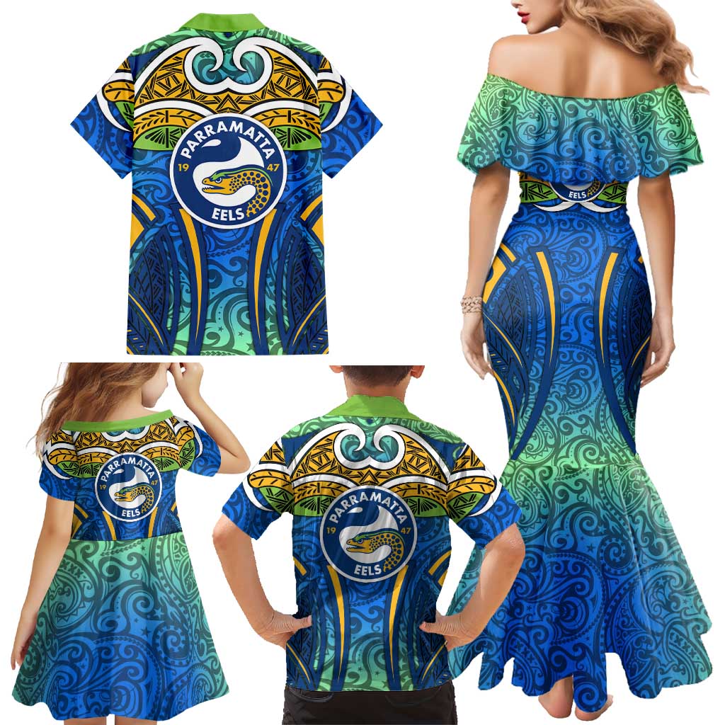 Parramatta Eels Rugby Family Matching Mermaid Dress and Hawaiian Shirt Polynesian Tribal Eel Warrior Blue Gold Pattern