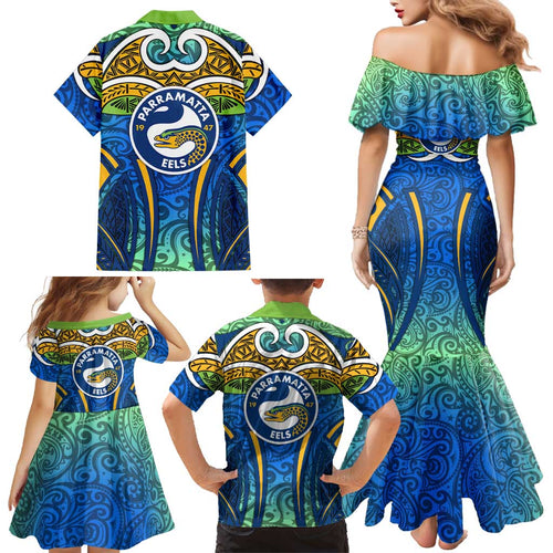 Parramatta Eels Rugby Family Matching Mermaid Dress and Hawaiian Shirt Polynesian Tribal Eel Warrior Blue Gold Pattern