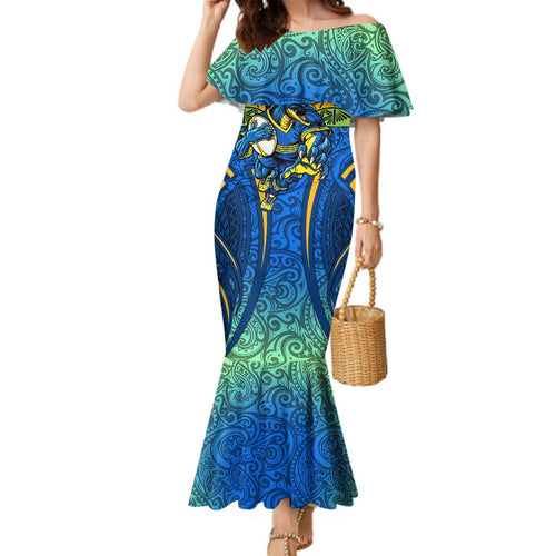 Parramatta Eels Rugby Family Matching Mermaid Dress and Hawaiian Shirt Polynesian Tribal Eel Warrior Blue Gold Pattern