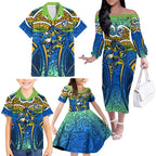 Parramatta Eels Rugby Family Matching Off The Shoulder Long Sleeve Dress and Hawaiian Shirt Polynesian Tribal Eel Warrior Blue Gold Pattern