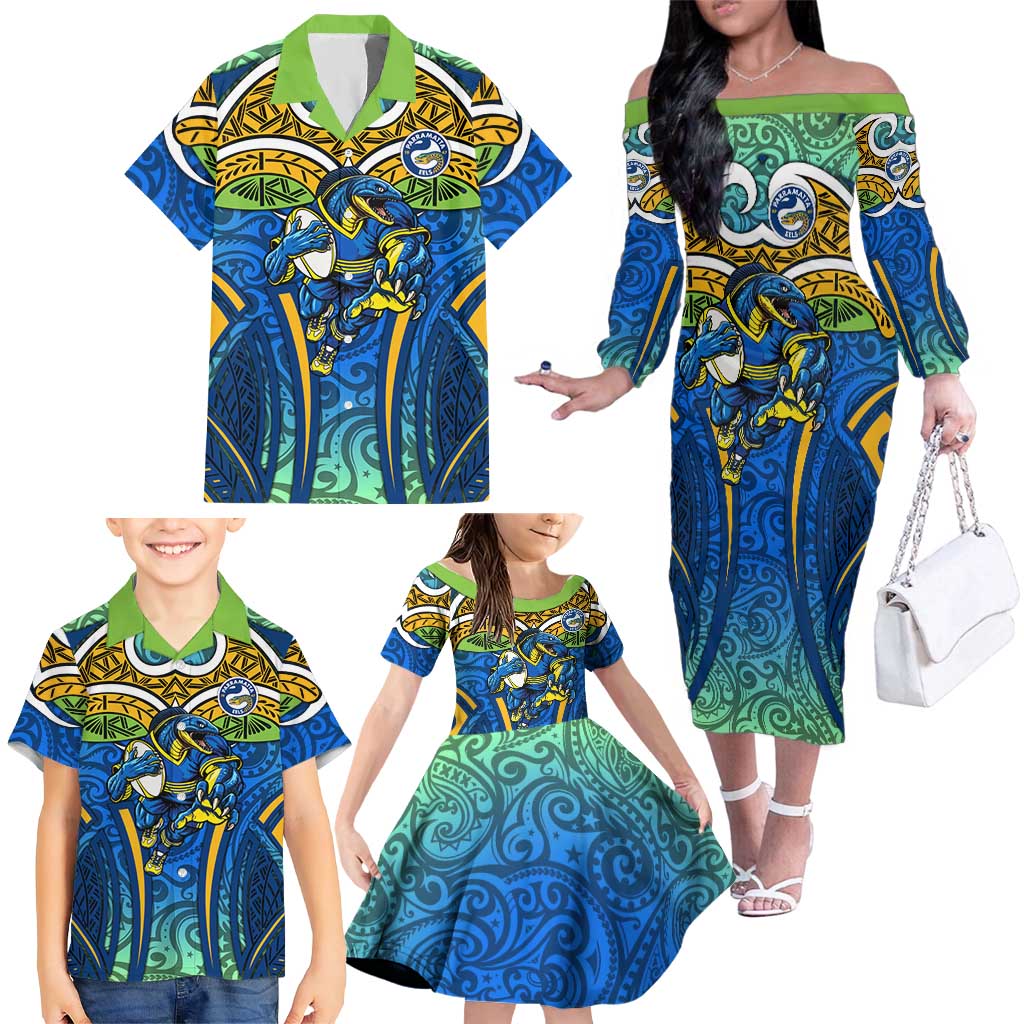 Parramatta Eels Rugby Family Matching Off The Shoulder Long Sleeve Dress and Hawaiian Shirt Polynesian Tribal Eel Warrior Blue Gold Pattern