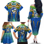 Parramatta Eels Rugby Family Matching Off The Shoulder Long Sleeve Dress and Hawaiian Shirt Polynesian Tribal Eel Warrior Blue Gold Pattern
